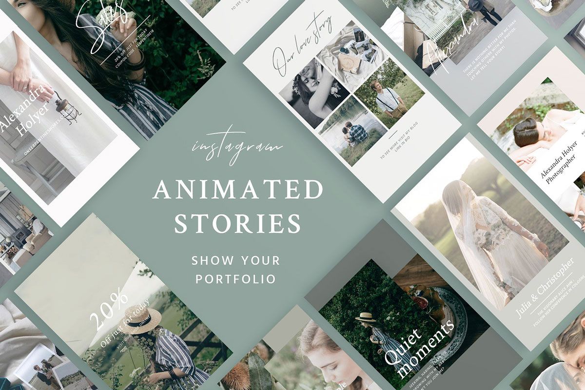 Elegant and minimalistic animated Instagram Stories Social Kit cover designed for weddings, wedding planners, and photographers, utilizing Photoshop's timeline feature.