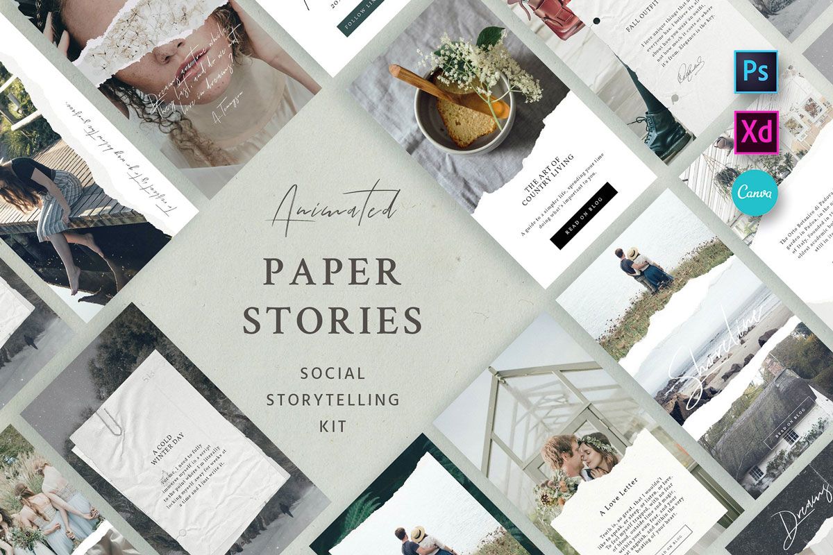 Nordic-inspired Instagram Paper Social Kit cover featuring templates for Instagram posts and stories, adorned with torn paper elements for a cozy storytelling experience