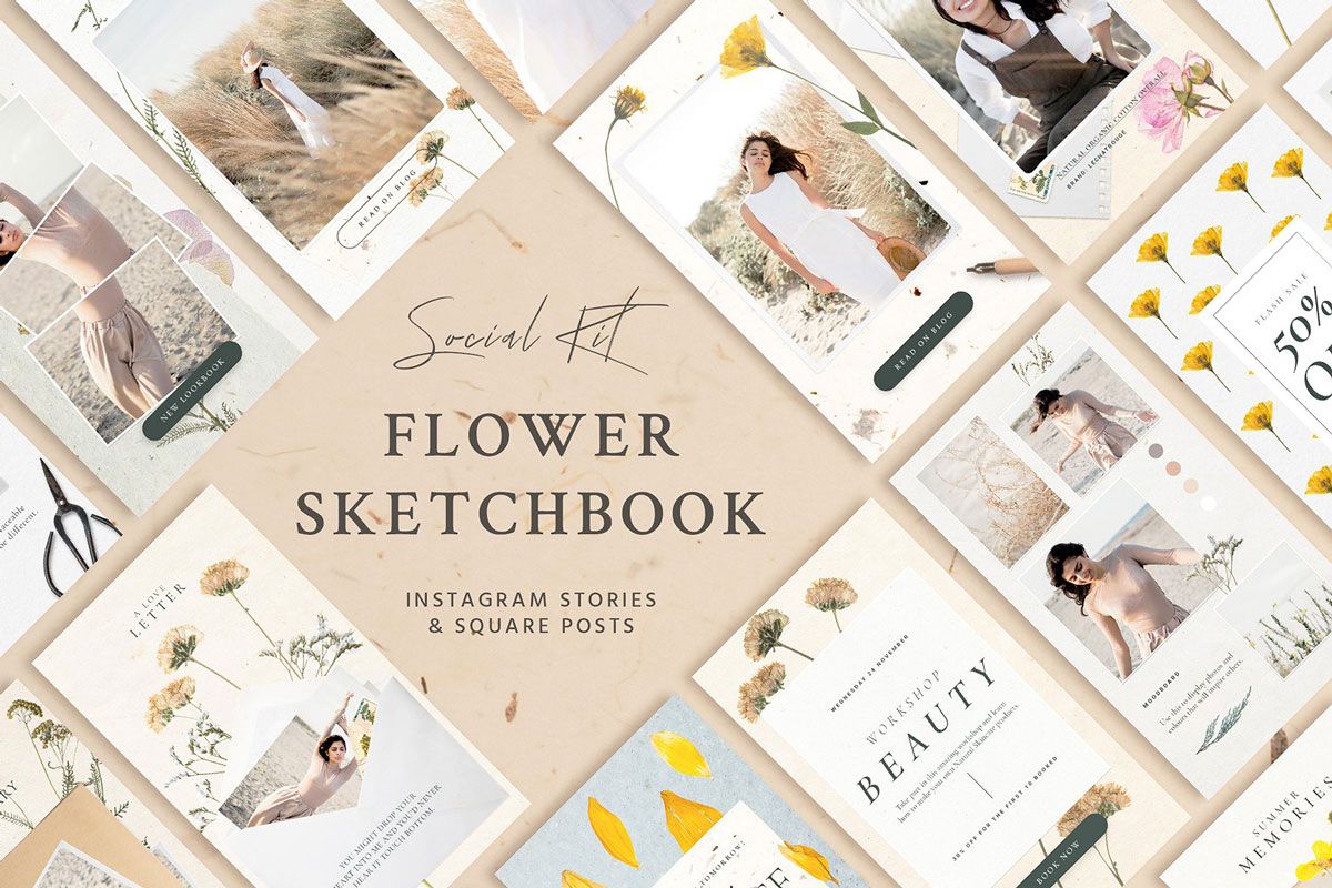 Vintage and natural flower sketchbook stories social kit cover featuring dried and pressed flowers