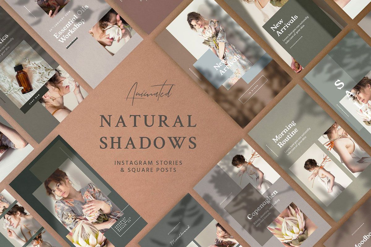 Elegant and minimalistic animated Instagram Stories Social Kit cover designed for natural products, featuring earthy colors and exotic plant shadows, animated using Photoshop's timeline feature.