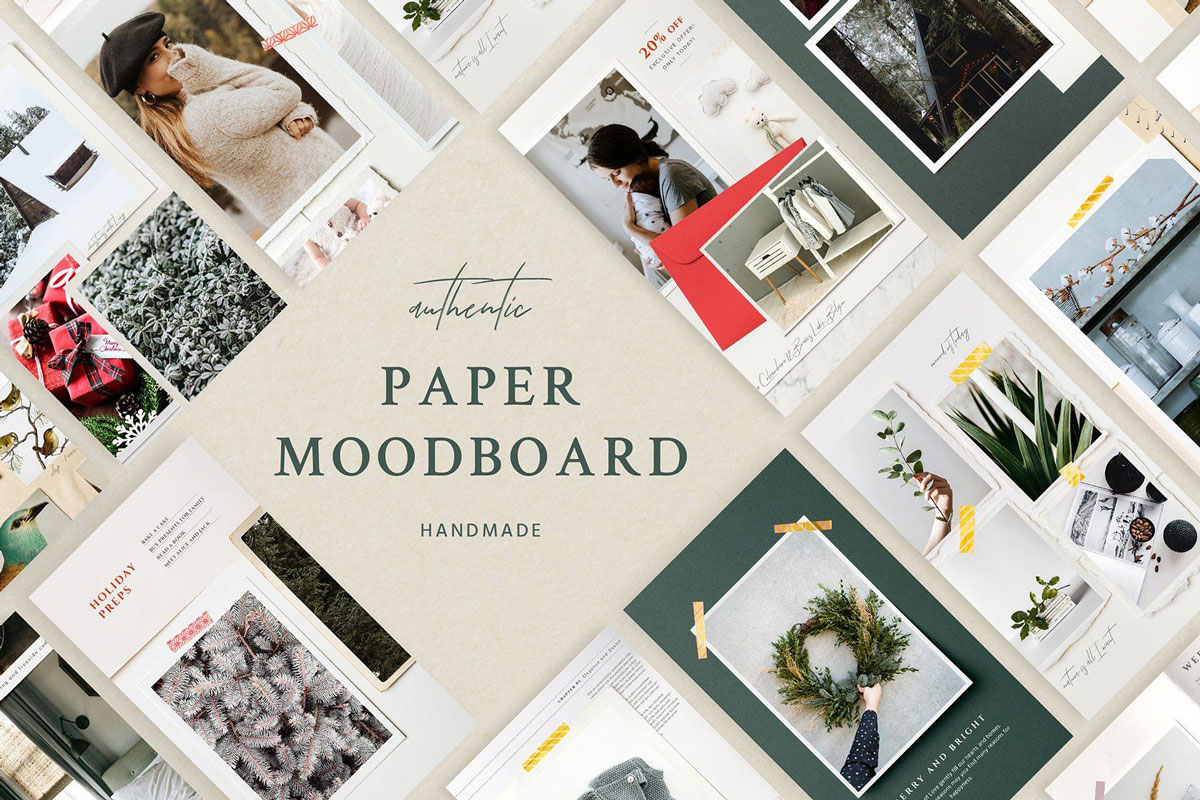 Elegant and minimalistic Instagram Paper Moodboard cover featuring templates for Instagram posts and stories, dedicated to paper lovers, with torn paper, soft rice paper, and colorful adhesive tape
