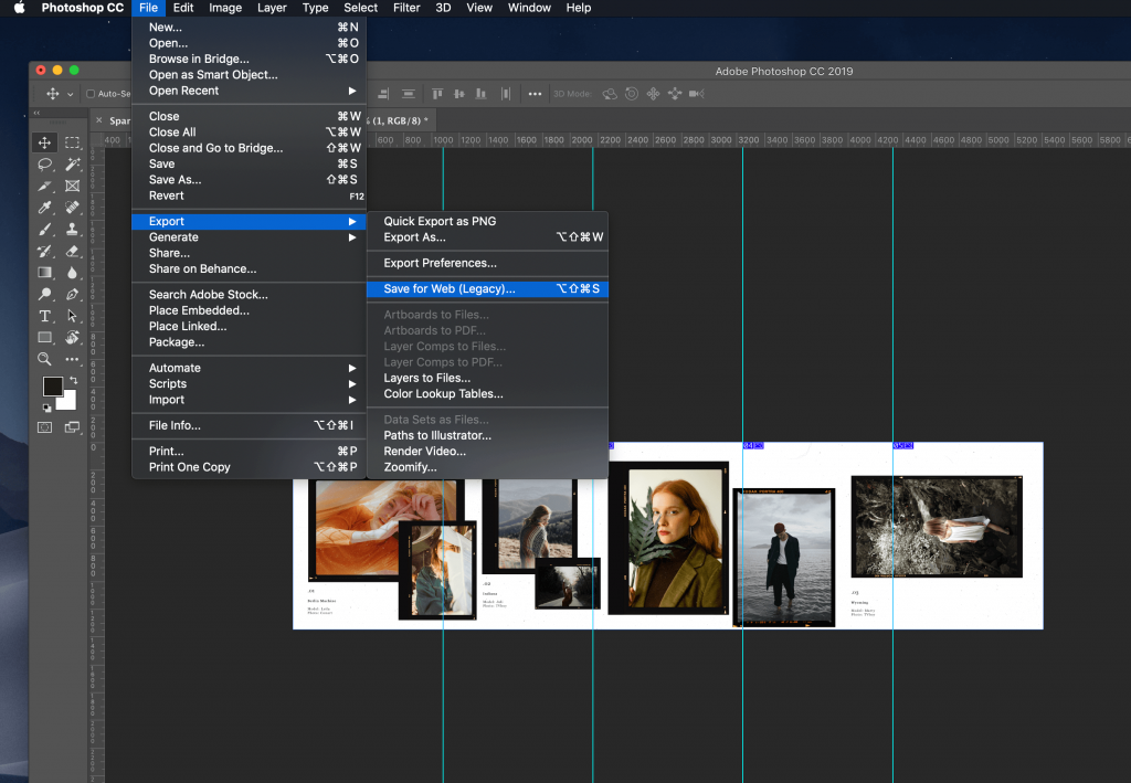 Tutorial image for exporting the Analog Instagram Carousel template in Photoshop, showcasing step-by-step instructions on how to save and export the carousel for use on Instagram