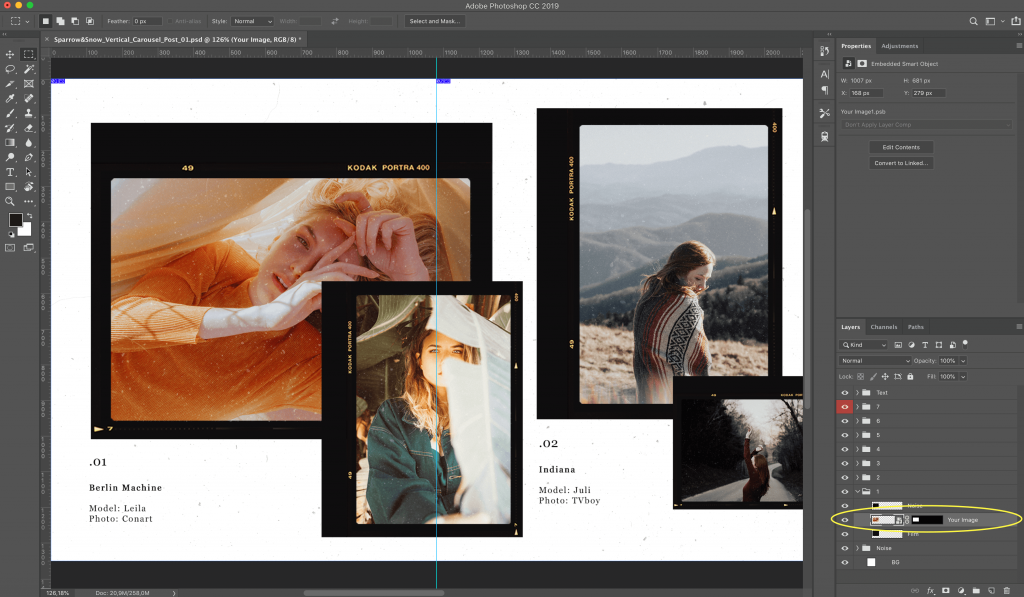 Tutorial image for creating an Instagram Carousel, demonstrating how to crop the layout for uploading it to the Instagram app and creating the carousel