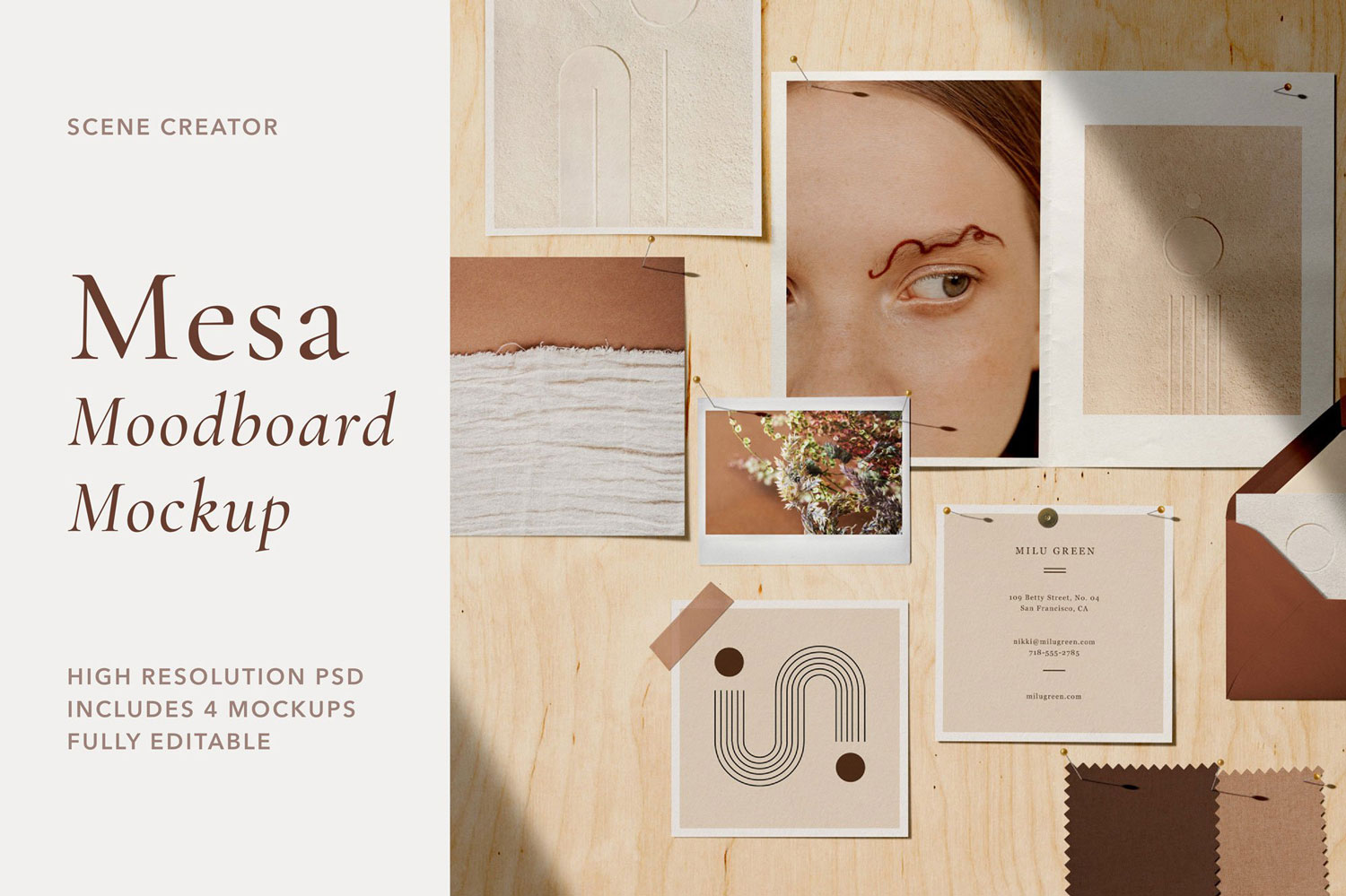 Cover image for Mesa Moodboard Mockup Scene Creator featuring 4 PSD files that are high resolution and fully editable