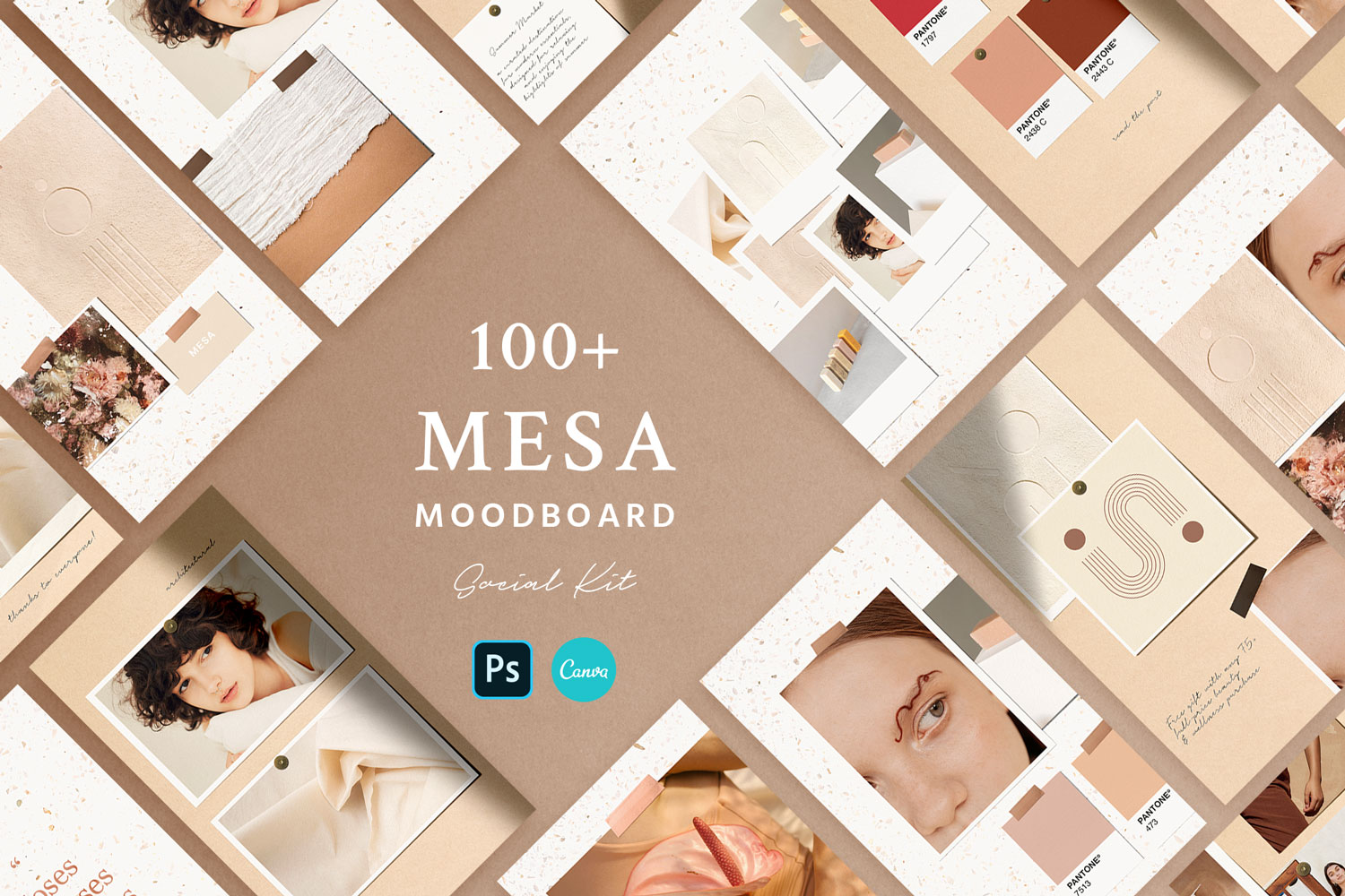 Mesa Moodboard Social Kit cover with sunset-themed mockups