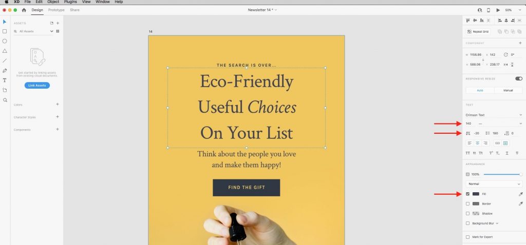 Tutorial image for a newsletter template on Adobe XD showcasing step-by-step instructions on how to design and customize a newsletter layout