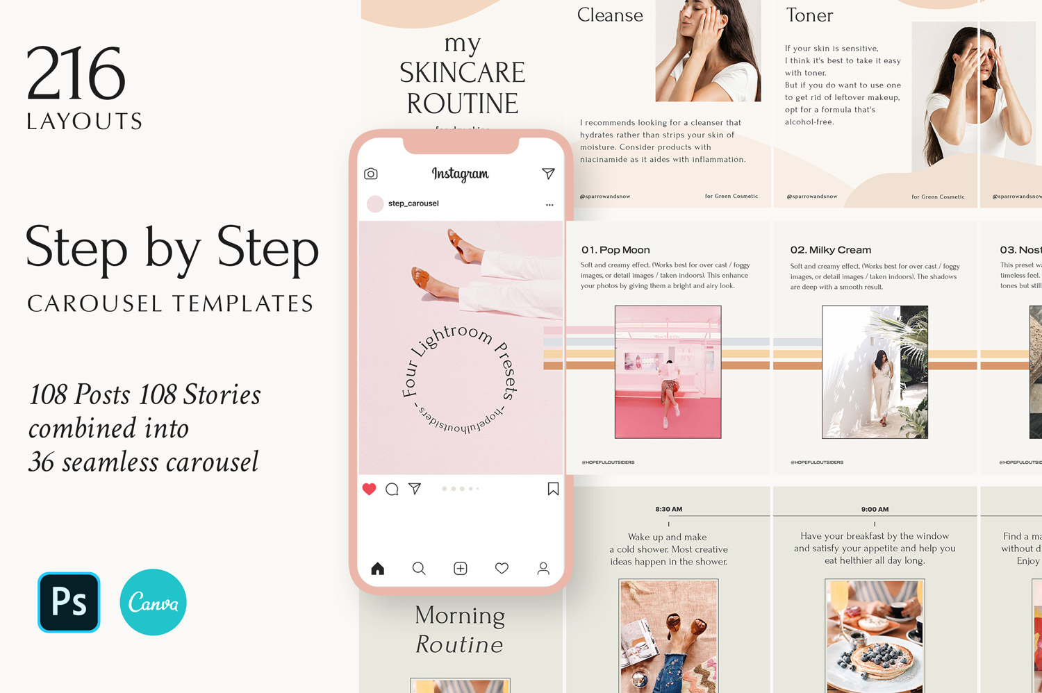 Step by Step Carousel Templates: 216 skincare routine posts