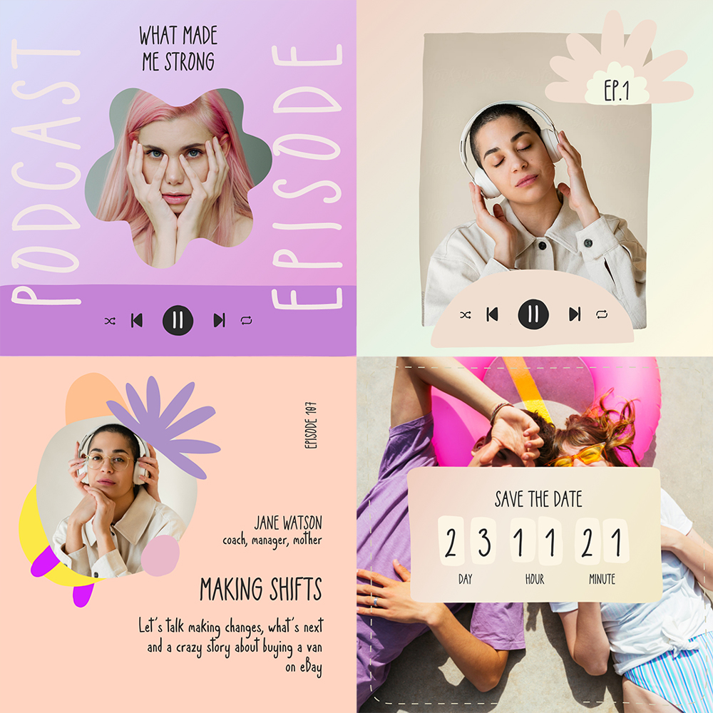 Podcast and Live Instagram Creator, layout illustrati, icone piattaforme, compatibile con Canva, Photoshop, Adobe XD