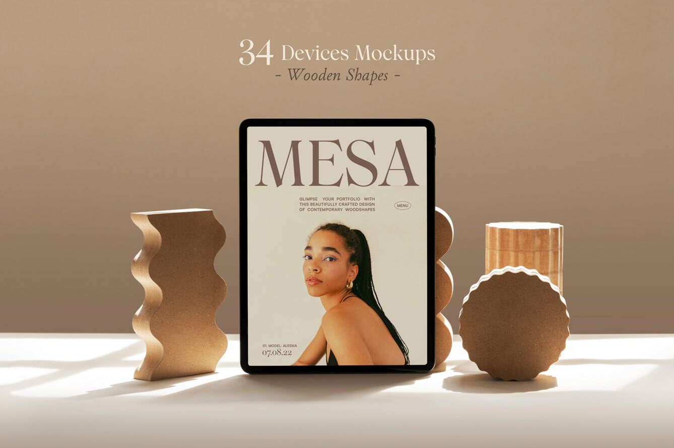 Mesa Digital Devices Mockups - Memphis-inspired Wooden Design