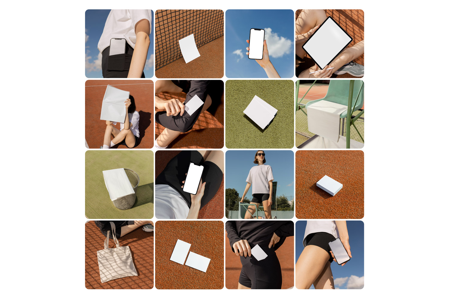 Tennis Mockup Collection: showcase your designs with realism on T-shirts, iPads, iPhones, newspapers, business cards, and tote bag.